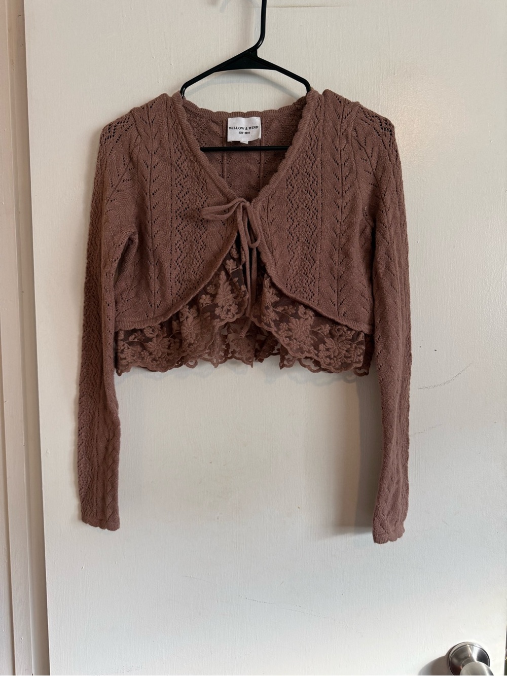 willow and wind brown cropped pointelle knit cropped cardigan tie sweater